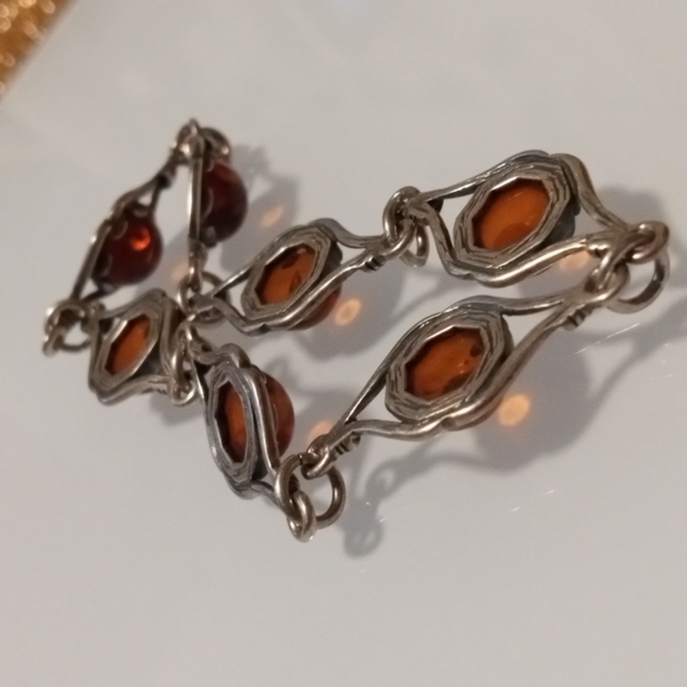 🌻Beautiful Victorian Genuine Sterling Silver & Baltic Amber Link Bracelet - Picture 6 of 12